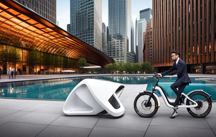 an image of a sleek, futuristic electric bike securely docked on a robust, weather-resistant bike rack