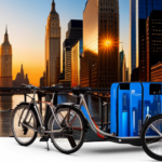 An image showcasing a vibrant cityscape at dusk, with a Citi Bike parked next to a bike rack