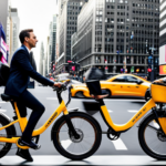 An image capturing the bustling streets of NYC, where a fleet of electric bikes zooms past iconic yellow taxis