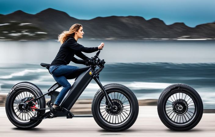An image showcasing a rider effortlessly cruising along a scenic coastal road on a sleek 350-watt electric bike