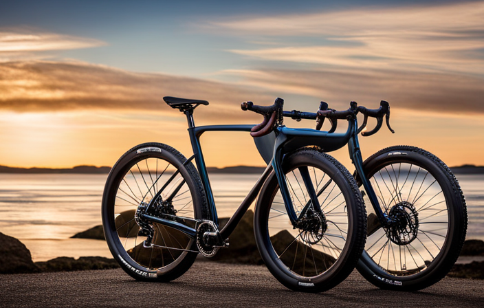 An image showcasing a sleek, lightweight gravel bike with knobby tires, drop handlebars, and disc brakes