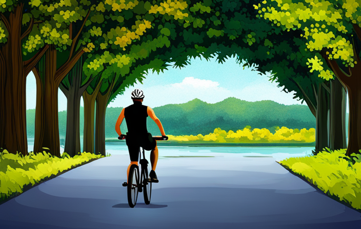 An image showcasing a person wearing a helmet and riding an electric bike on a scenic bike trail in Minnesota
