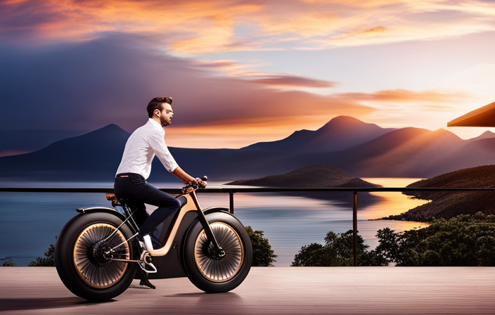 An image showcasing a sleek electric bike with a powerful motor, sturdy frame, and comfortable ergonomic design