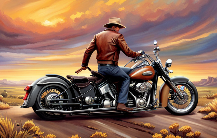 An image capturing the essence of a guy trailering his bike to Sturgis: a rugged man with weathered leather jacket, strapping his gleaming motorcycle onto a sturdy trailer, surrounded by sweeping landscapes and a sense of adventure