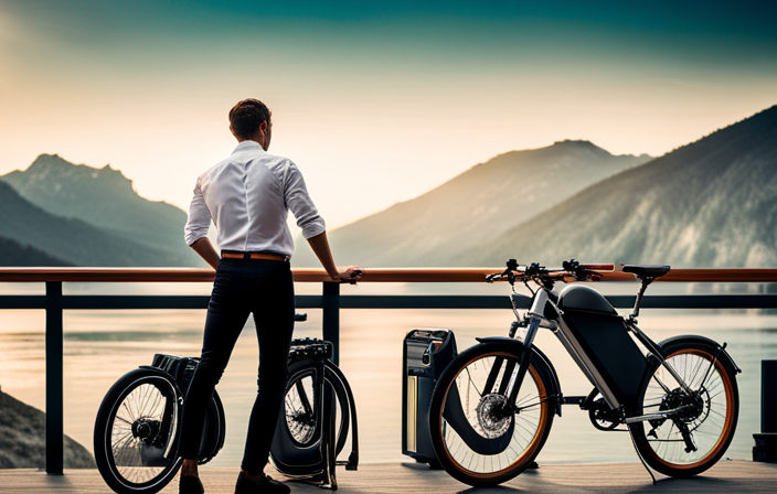 An image showcasing a person surrounded by essential accessories for an electric bike kit: a powerful battery pack, a sleek motor, a durable frame, a sturdy wheelset, a comfortable saddle, a versatile handlebar, and a reliable charger