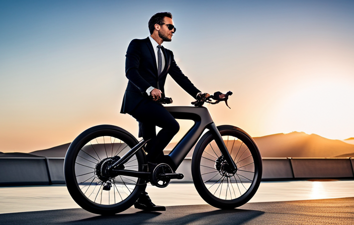 An image showcasing a sleek, aerodynamic electric bike with a powerful motor, lightweight carbon fiber frame, high-performance disc brakes, advanced lithium-ion battery, and state-of-the-art regenerative braking system