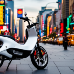 An image showcasing a sleek electric bike effortlessly gliding through a bustling city street, equipped with a powerful headlight, turn signals, rearview mirrors, license plate holder, and a clearly visible street legal sticker