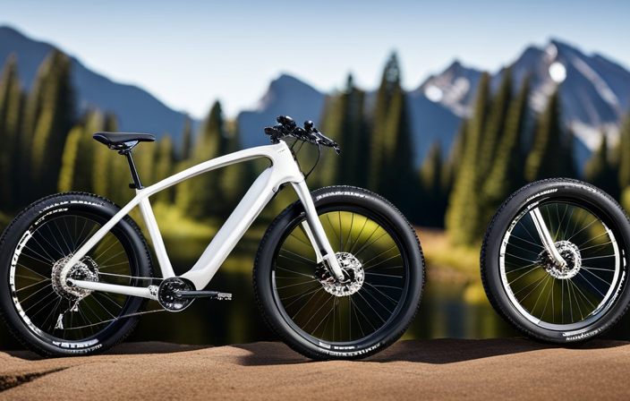 An image showcasing a sleek, modern Trek electric bike with fat tires, positioned against a breathtaking backdrop of a serene mountain trail, highlighting the bike's exceptional design and performance