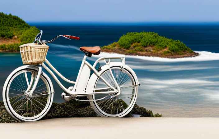 An image depicting a pristine, white bicycle standing alone on a deserted beach, its wheels sinking gently into the sand as the ocean waves crash softly in the background