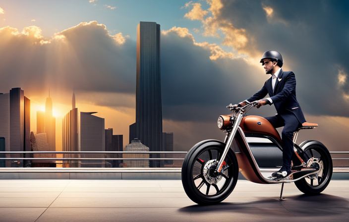 An image showcasing a sleek electric bike against a backdrop of a bustling city street