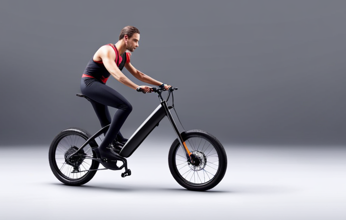 An image showcasing a cyclist effortlessly gliding uphill on an electric bike, with a sleek design, integrated battery, and the rider confidently controlling the handlebars, highlighting the bike's assisted power and ease of use