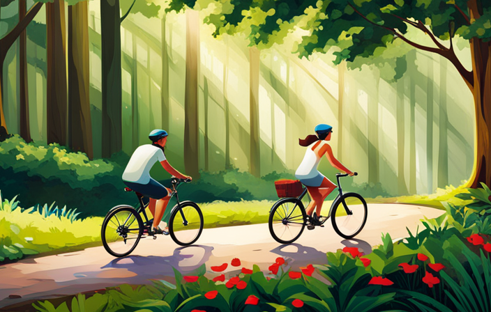 An image showcasing a person effortlessly gliding uphill on an electric bike, with a content smile, surrounded by lush greenery, while effortlessly overtaking cyclists on traditional bikes