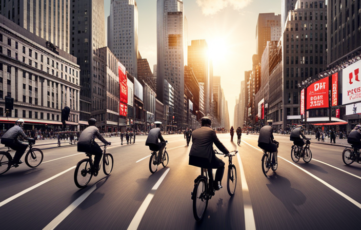 An image showcasing a bustling stock market scene, with traders surrounded by large screens displaying stock prices of renowned electric bike companies such as Tesla, Rad Power Bikes, and Niu Technologies
