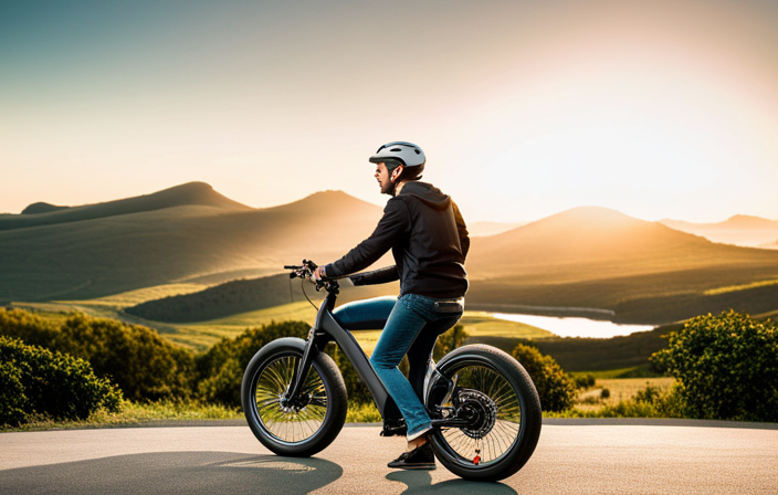 An image showcasing a picturesque landscape with Traveling Robert riding an electric bike sponsored by a prominent company