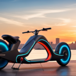 An image capturing Fousey Tube's electric bike: a sleek, black, futuristic design with a sturdy frame, powerful motor, and vibrant LED lights