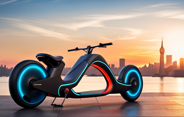 An image capturing Fousey Tube's electric bike: a sleek, black, futuristic design with a sturdy frame, powerful motor, and vibrant LED lights
