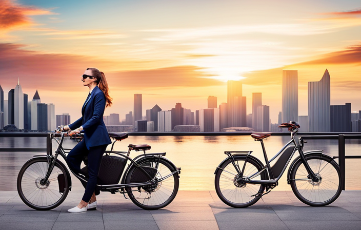 An image capturing a serene cityscape, with a stylish electric bike parked gracefully on a bustling street