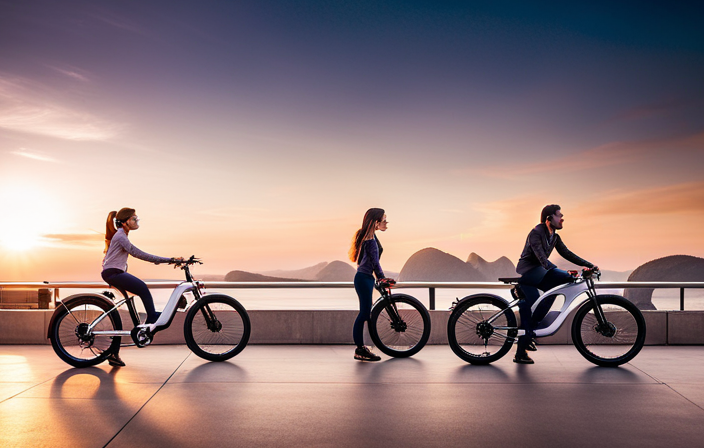 An image showcasing a diverse range of sleek, cutting-edge electric bikes lined up side by side