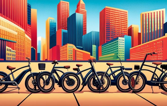 An image showcasing a diverse range of electric bikes lined up neatly against a colorful backdrop, with riders of different ages and styles zipping by, emphasizing the wide variety of options available for prospective buyers