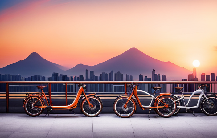 An image featuring a diverse range of sleek and stylish electric bikes lined up against a vibrant backdrop