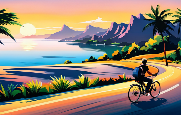 An image showcasing a scenic road trip: a sleek, electric bike adorned with panniers, gliding along a winding coastal road with breathtaking ocean views, under a clear blue sky