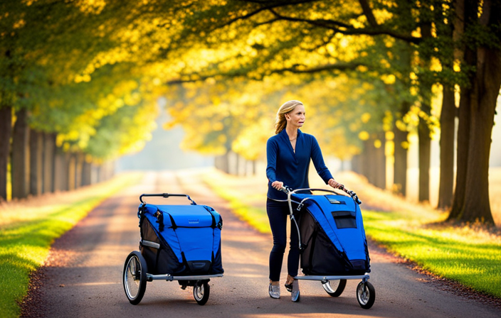 An image showcasing a durable bike trailer, constructed with weather-resistant, waterproof nylon fabric in a vibrant shade of royal blue