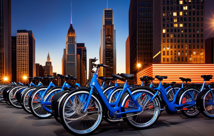 An image that showcases a row of Citi Bike electric bicycles gathered in a storage facility, their tires deflated and batteries disconnected, while cobwebs and dust accumulate on their sleek frames under dim overhead lighting