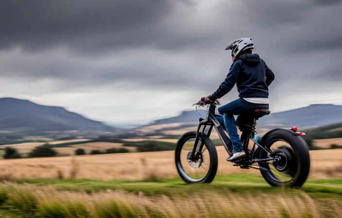 An image showcasing a thrilling scene: a rider effortlessly zooming through a picturesque countryside on an electric bike, surpassing 20mph
