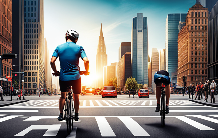 An image featuring a cyclist wearing a helmet and reflective clothing, surrounded by a bustling cityscape