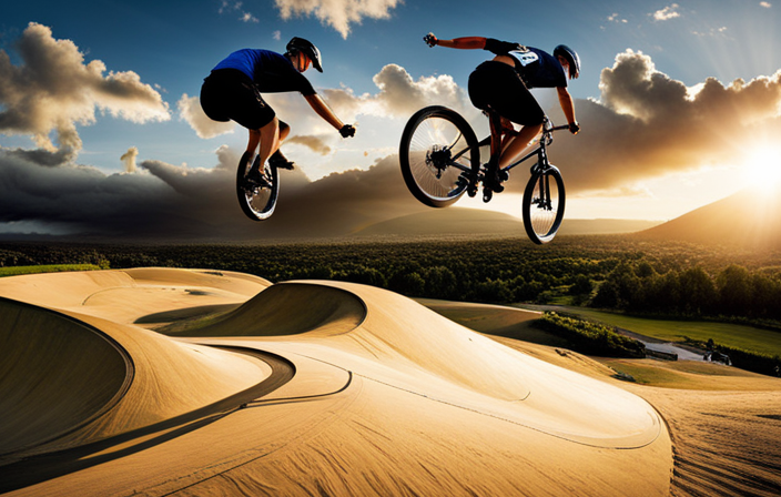 An image showcasing a thrilling bicycle pump track, featuring perfectly sculpted dirt mounds, banked turns, rhythmic rollers, and exhilarated riders in mid-air, capturing the essence of this dynamic and adrenaline-pumping sport