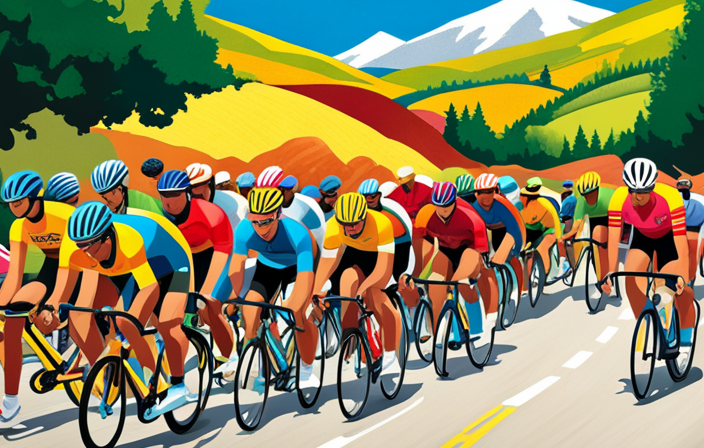 An image showcasing a dynamic peloton of cyclists clad in vibrant jerseys, pedaling furiously along a winding road, surrounded by cheering spectators, capturing the essence of a thrilling and adrenaline-pumping bicycle race