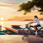 An image showcasing a sleek, retro-inspired cruiser electric bike gliding along a sun-kissed coastal road