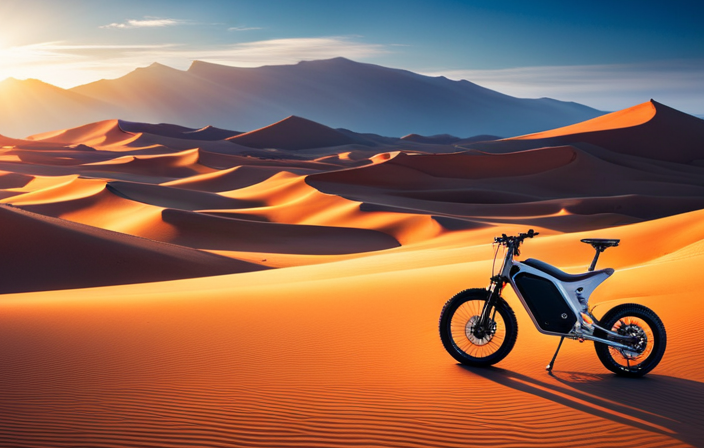 An image showcasing a sleek, eco-friendly electric mini dirt bike gliding effortlessly across a rugged terrain