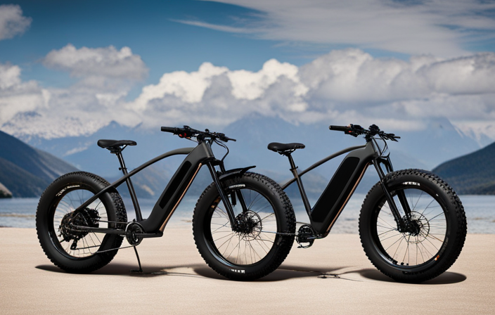An image showcasing a sturdy electric bike with oversized tires, effortlessly gliding over rugged terrains
