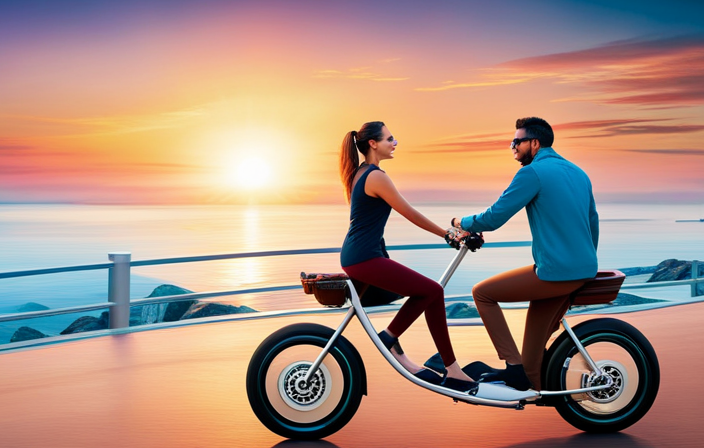 An image showcasing a sleek, modern electric bike gliding effortlessly along a scenic coastal road at sunset, its rider effortlessly maneuvering through traffic with a smile of pure joy on their face