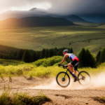 An image capturing the exhilarating essence of a gravel bike race: a dynamic shot of riders navigating treacherous terrain, splattering mud, while dust clouds swirl around them, surrounded by breathtaking natural landscapes