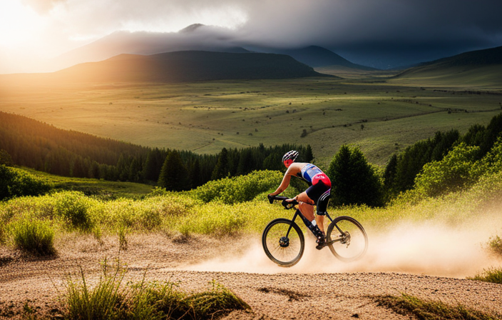 An image capturing the exhilarating essence of a gravel bike race: a dynamic shot of riders navigating treacherous terrain, splattering mud, while dust clouds swirl around them, surrounded by breathtaking natural landscapes