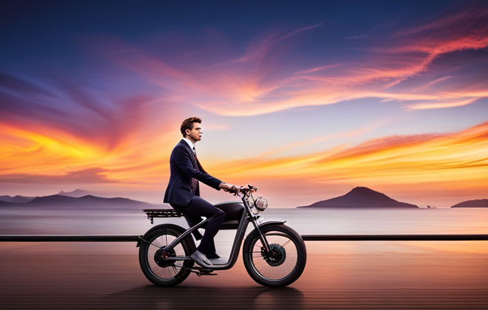 An image showcasing a sleek, modern electric bike with a powerful battery and a vibrant display panel mounted on the handlebars, emanating a brilliant glow that reflects the rider's exhilaration