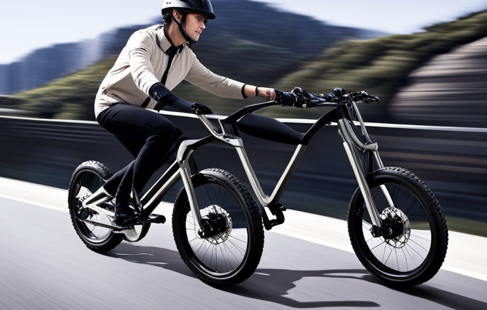 An image showcasing a mid drive electric bike in action, with a rider effortlessly ascending a steep hill