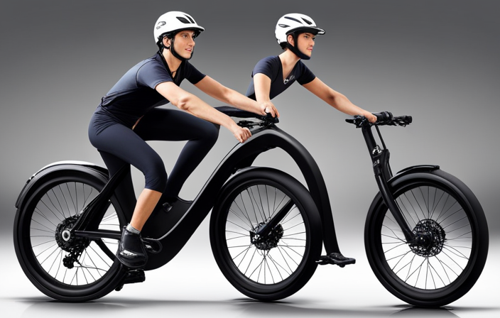 An image showcasing a person effortlessly cruising up a steep hill on an electric assist bike, with a clear depiction of the battery-powered motor hidden within the frame and the rider's relaxed posture