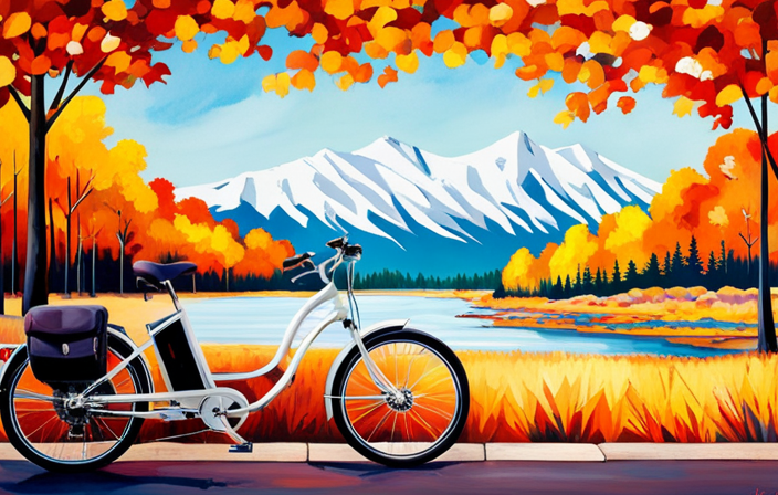 An image featuring a sleek electric bike gliding through the scenic Utah mountains, with vibrant fall foliage and snow-capped peaks in the backdrop