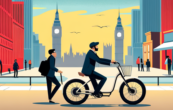 An image showcasing the vibrant streets of a bustling UK city, with a rider effortlessly gliding through traffic on an electric bike