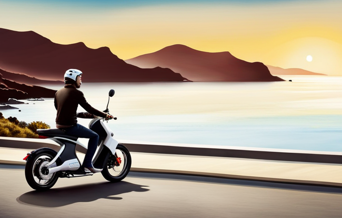 An image capturing the essence of an electric bike: a sleek, modern two-wheeler gliding effortlessly along a scenic coastal road, with its rider effortlessly cruising past rolling hills and a vibrant blue sky overhead