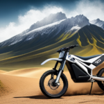 An image that captures the thrilling essence of an electric dirt bike, showcasing its sleek frame and powerful motor, surrounded by a cloud of dirt as it gracefully jumps over a rugged terrain