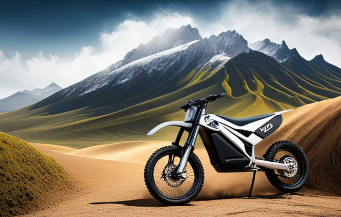 An image that captures the thrilling essence of an electric dirt bike, showcasing its sleek frame and powerful motor, surrounded by a cloud of dirt as it gracefully jumps over a rugged terrain