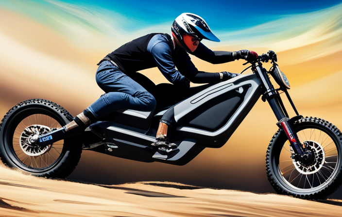 An image of an electric dirt bike soaring through a rugged off-road trail, its sleek frame gleaming under the sun, while a cloud of dust billows behind, capturing the exhilarating power and eco-friendly nature of this mode of transportation