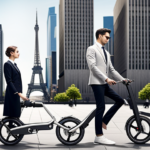 An image capturing a sleek, compact electric folding bike in action: wheels effortlessly gliding on a bustling city street, its frame elegantly collapsing, showcasing its portability, convenience, and eco-friendly nature