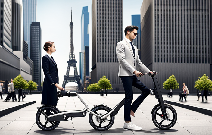 An image capturing a sleek, compact electric folding bike in action: wheels effortlessly gliding on a bustling city street, its frame elegantly collapsing, showcasing its portability, convenience, and eco-friendly nature