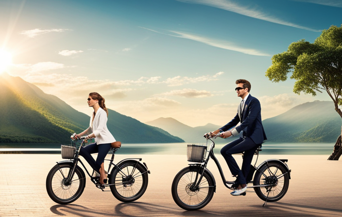 An image showcasing a sleek electric hybrid bike gliding effortlessly through a picturesque landscape, with its rider effortlessly pedaling and the electric motor subtly assisting