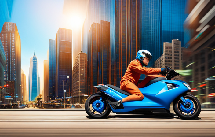 an electrifying scene: A sleek, compact mini bike zipping through the urban jungle, its vibrant electric blue frame contrasting against the backdrop of towering skyscrapers as its rider effortlessly weaves through traffic